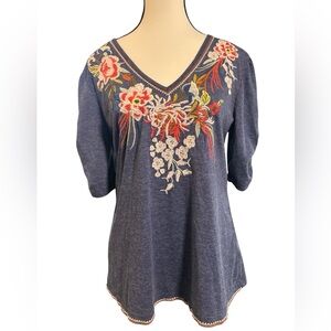 Solitaire Navy Blue Top With Colorful Embroidered Details